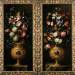 Pair of still lives of flowers in decorative gold vases with lapiz cartouches